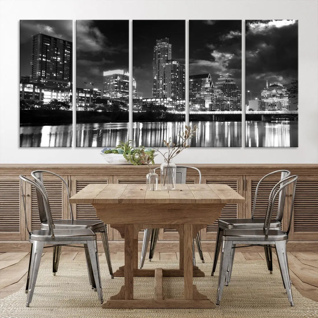 Austin City Lights Black and White Skyline Canvas Wall Art Large Cityscape Print