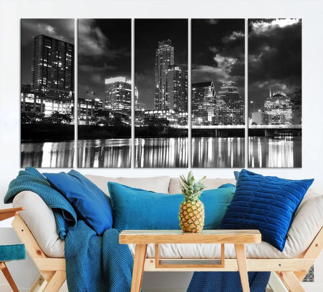 Austin City Lights Black and White Skyline Canvas Wall Art Large Cityscape Print