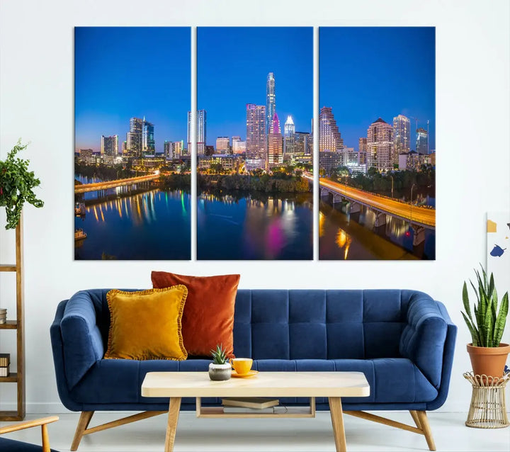 Austin City Night Blue Skyline Extra Large Cityscape Wall Art Canvas Print