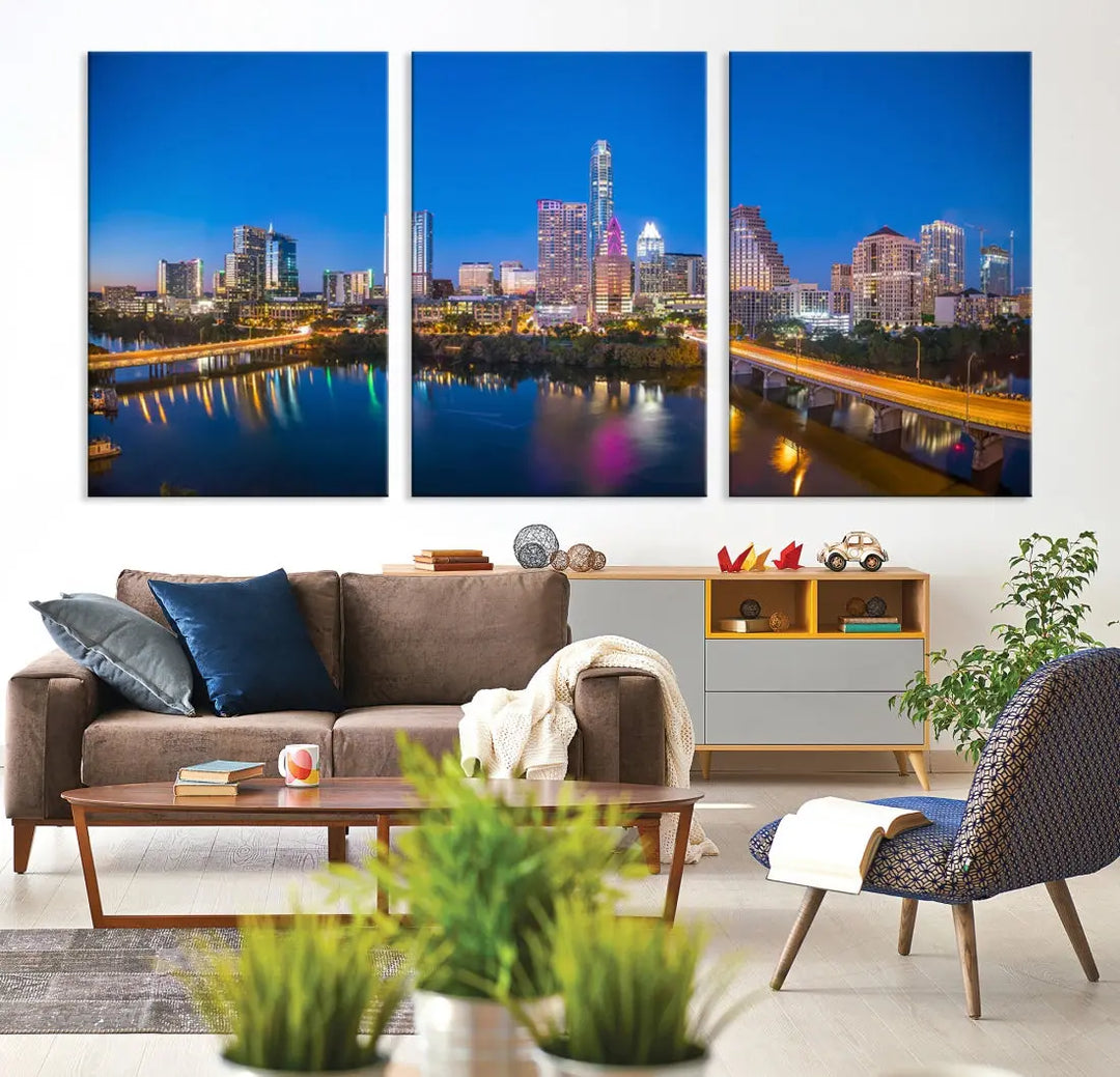 Austin City Night Blue Skyline Extra Large Cityscape Wall Art Canvas Print