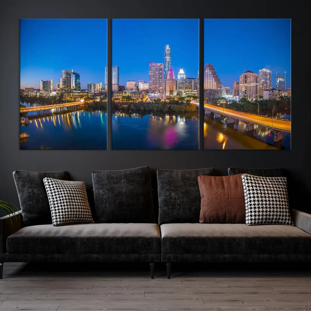 Austin City Night Blue Skyline Extra Large Cityscape Wall Art Canvas Print