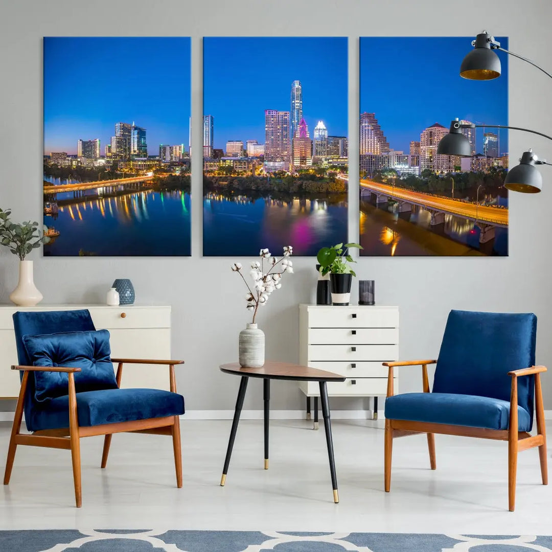 Austin City Night Blue Skyline Extra Large Cityscape Wall Art Canvas Print