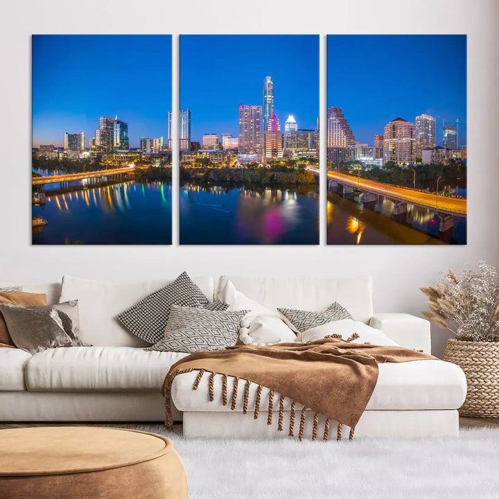 Austin City Night Blue Skyline Extra Large Cityscape Wall Art Canvas Print