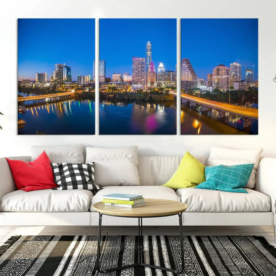 Austin City Night Blue Skyline Extra Large Cityscape Wall Art Canvas Print