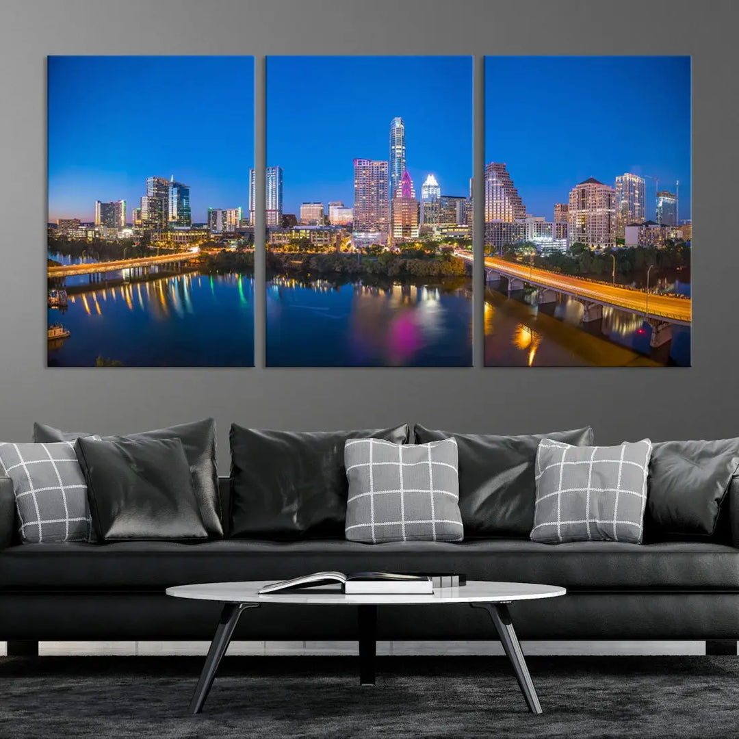 Austin City Night Blue Skyline Extra Large Cityscape Wall Art Canvas Print