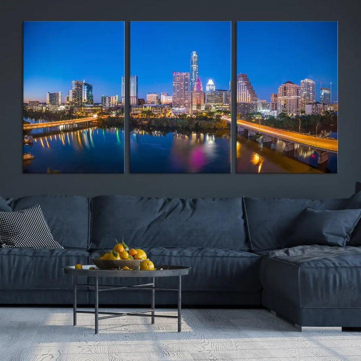 Austin City Night Blue Skyline Extra Large Cityscape Wall Art Canvas Print