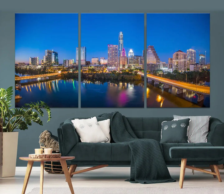 Austin City Night Blue Skyline Extra Large Cityscape Wall Art Canvas Print