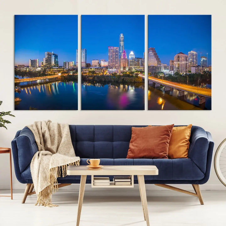 Austin City Night Blue Skyline Extra Large Cityscape Wall Art Canvas Print