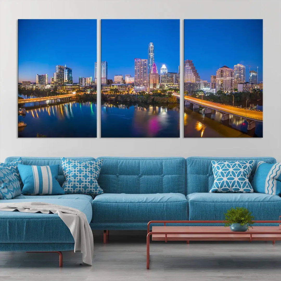 Austin City Night Blue Skyline Extra Large Cityscape Wall Art Canvas Print