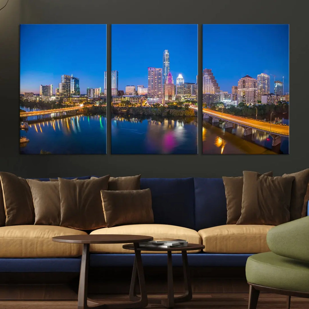 Austin City Night Blue Skyline Extra Large Cityscape Wall Art Canvas Print