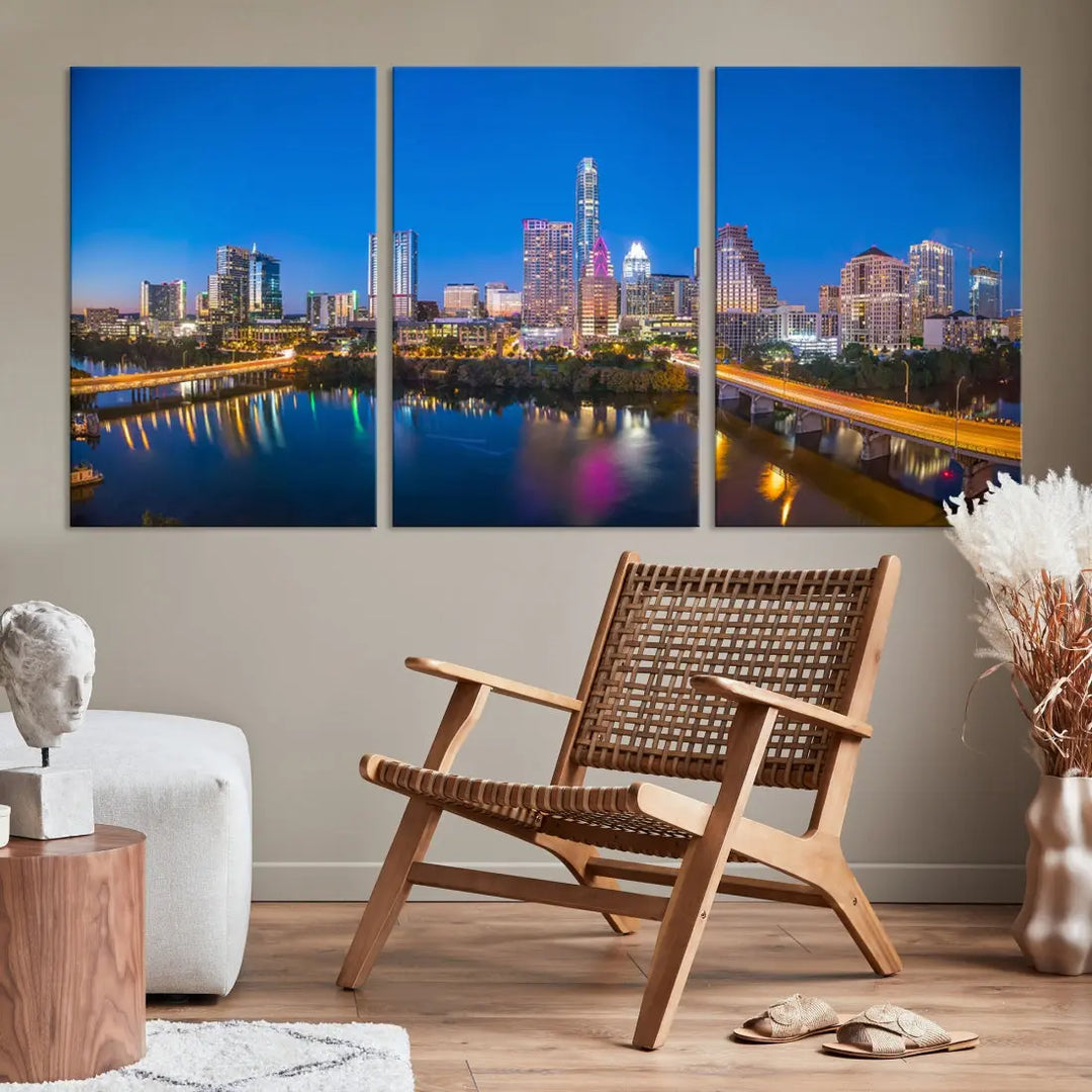 Austin City Night Blue Skyline Extra Large Cityscape Wall Art Canvas Print