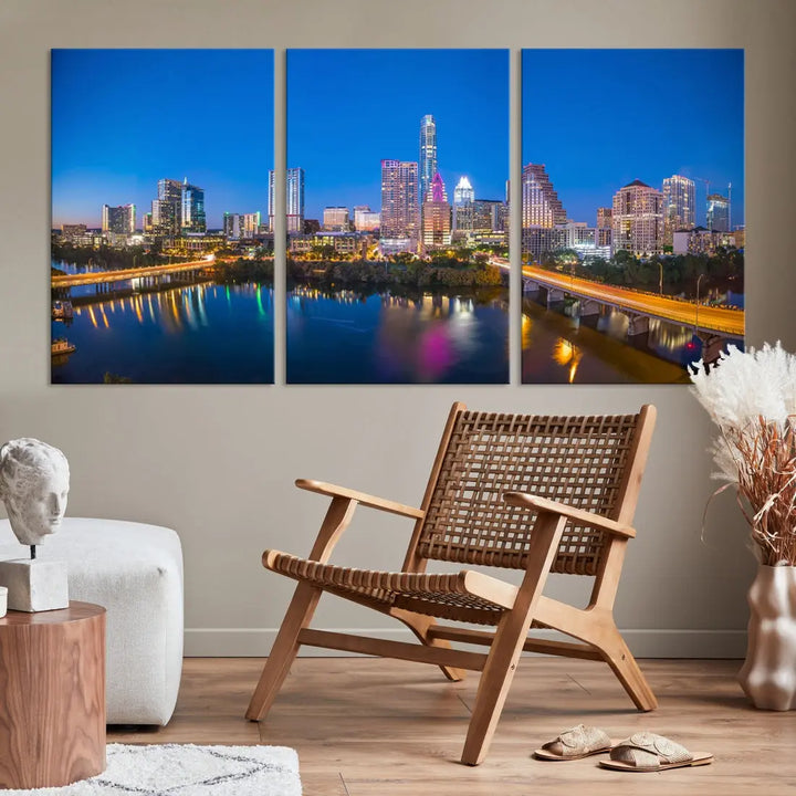 Austin City Night Blue Skyline Extra Large Cityscape Wall Art Canvas Print