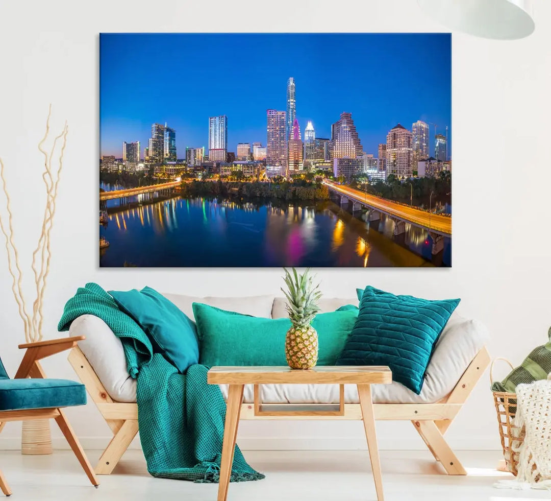 Austin City Night Blue Skyline Extra Large Cityscape Wall Art Canvas Print