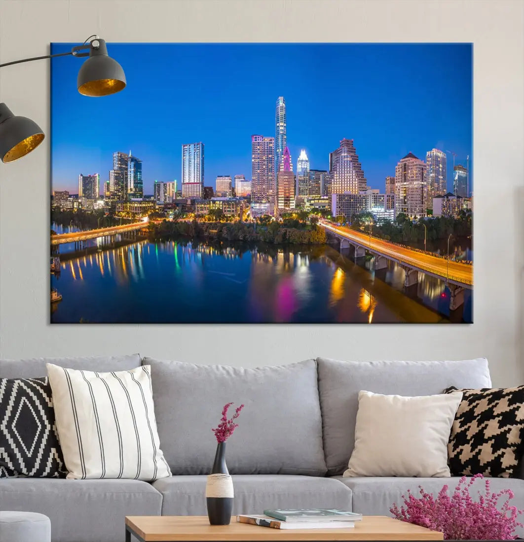 Austin City Night Blue Skyline Extra Large Cityscape Wall Art Canvas Print