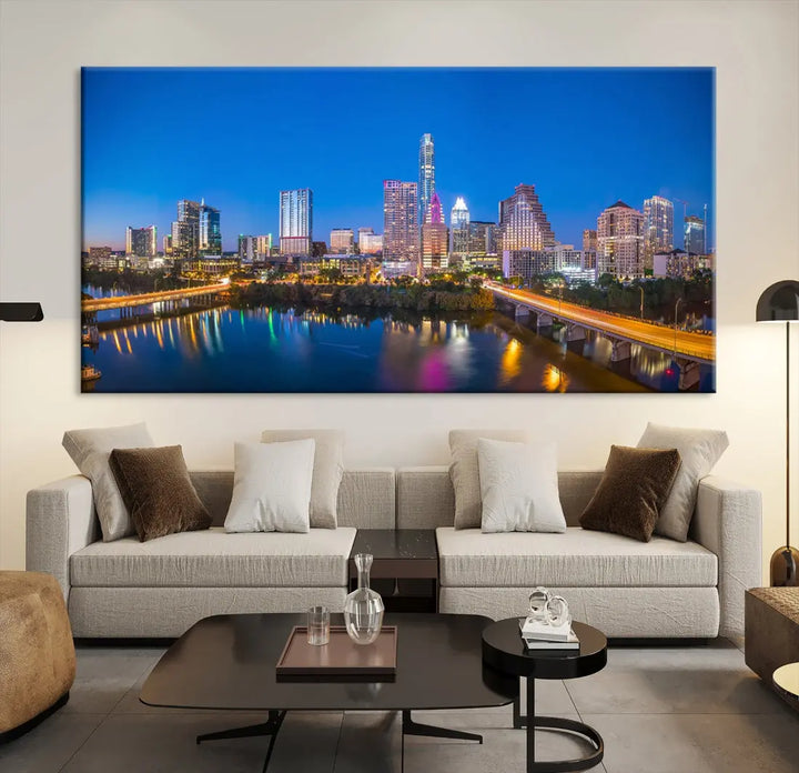 Austin City Night Blue Skyline Extra Large Cityscape Wall Art Canvas Print