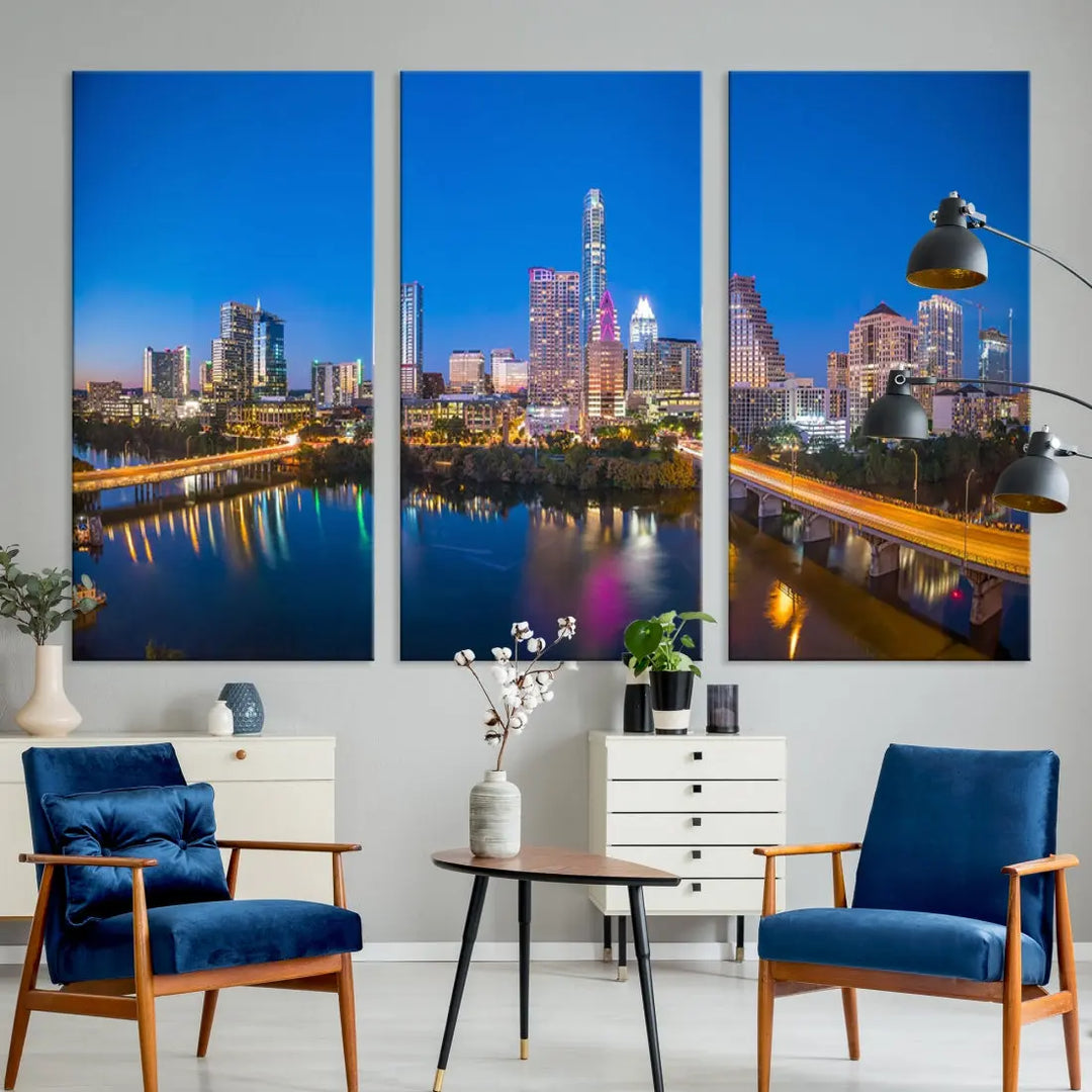 Austin City Night Blue Skyline Extra Large Cityscape Wall Art Canvas Print