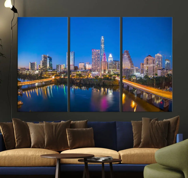 Austin City Night Blue Skyline Extra Large Cityscape Wall Art Canvas Print