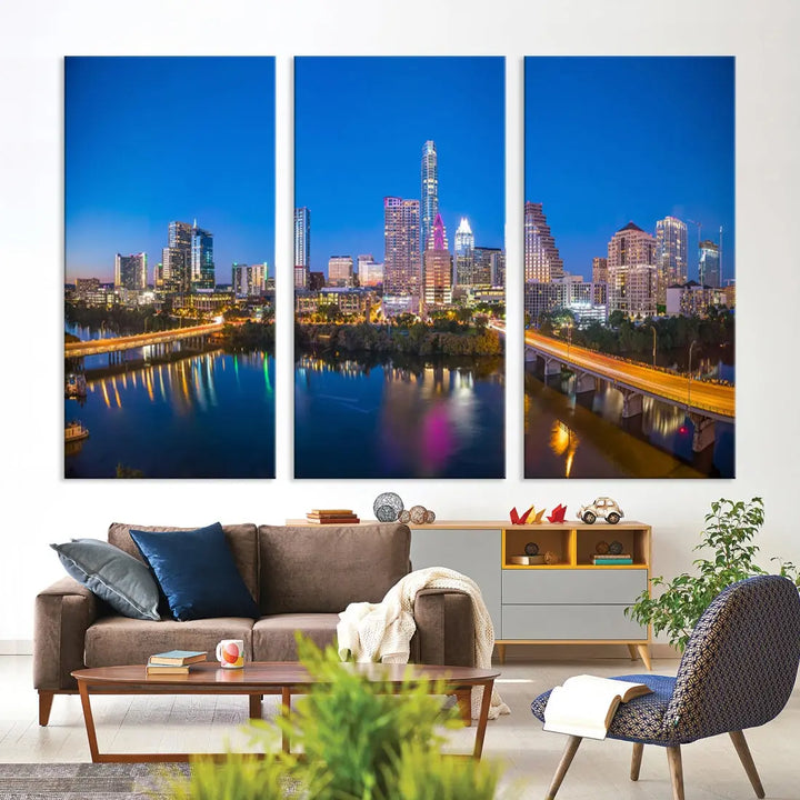 Austin City Night Blue Skyline Extra Large Cityscape Wall Art Canvas Print