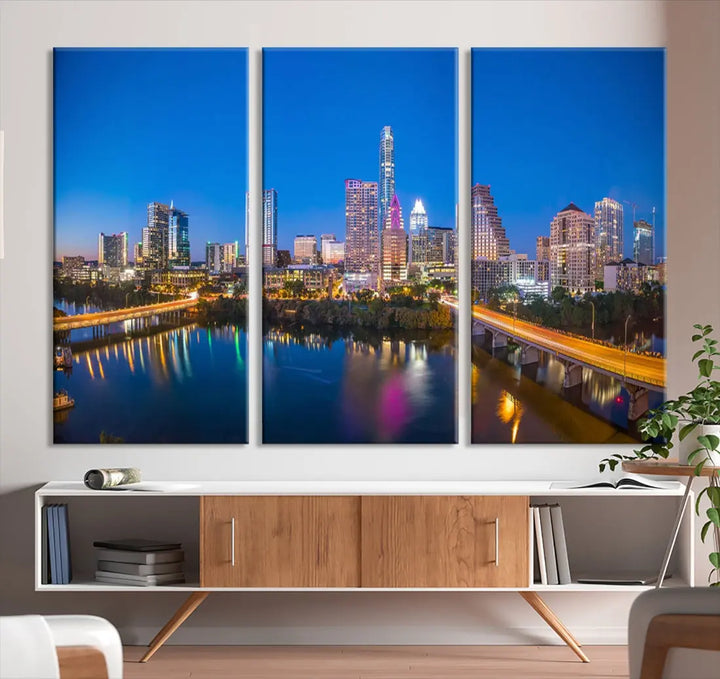 Austin City Night Blue Skyline Extra Large Cityscape Wall Art Canvas Print