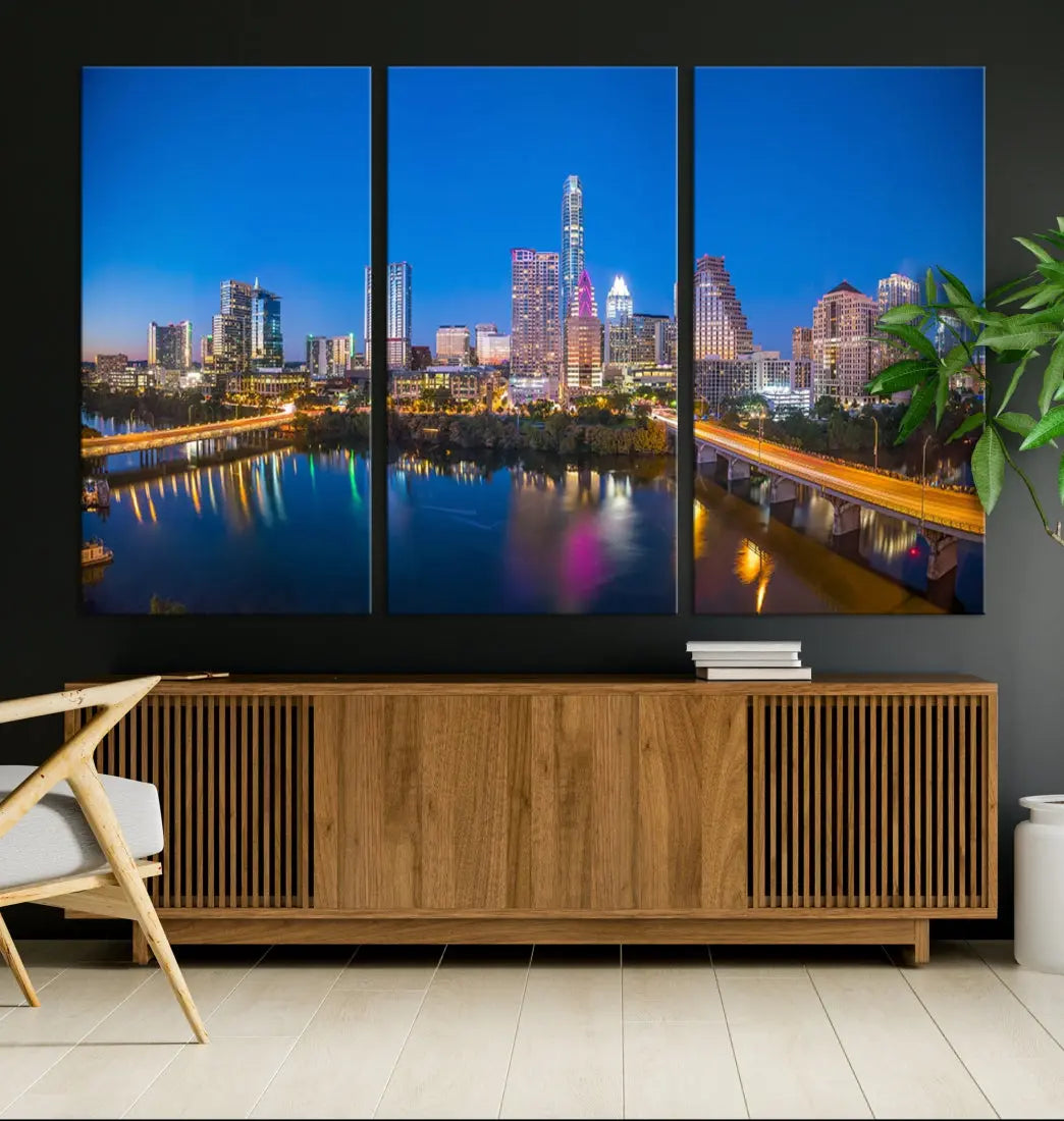 Austin City Night Blue Skyline Extra Large Cityscape Wall Art Canvas Print