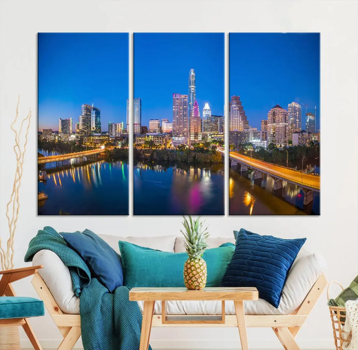 Austin City Night Blue Skyline Extra Large Cityscape Wall Art Canvas Print