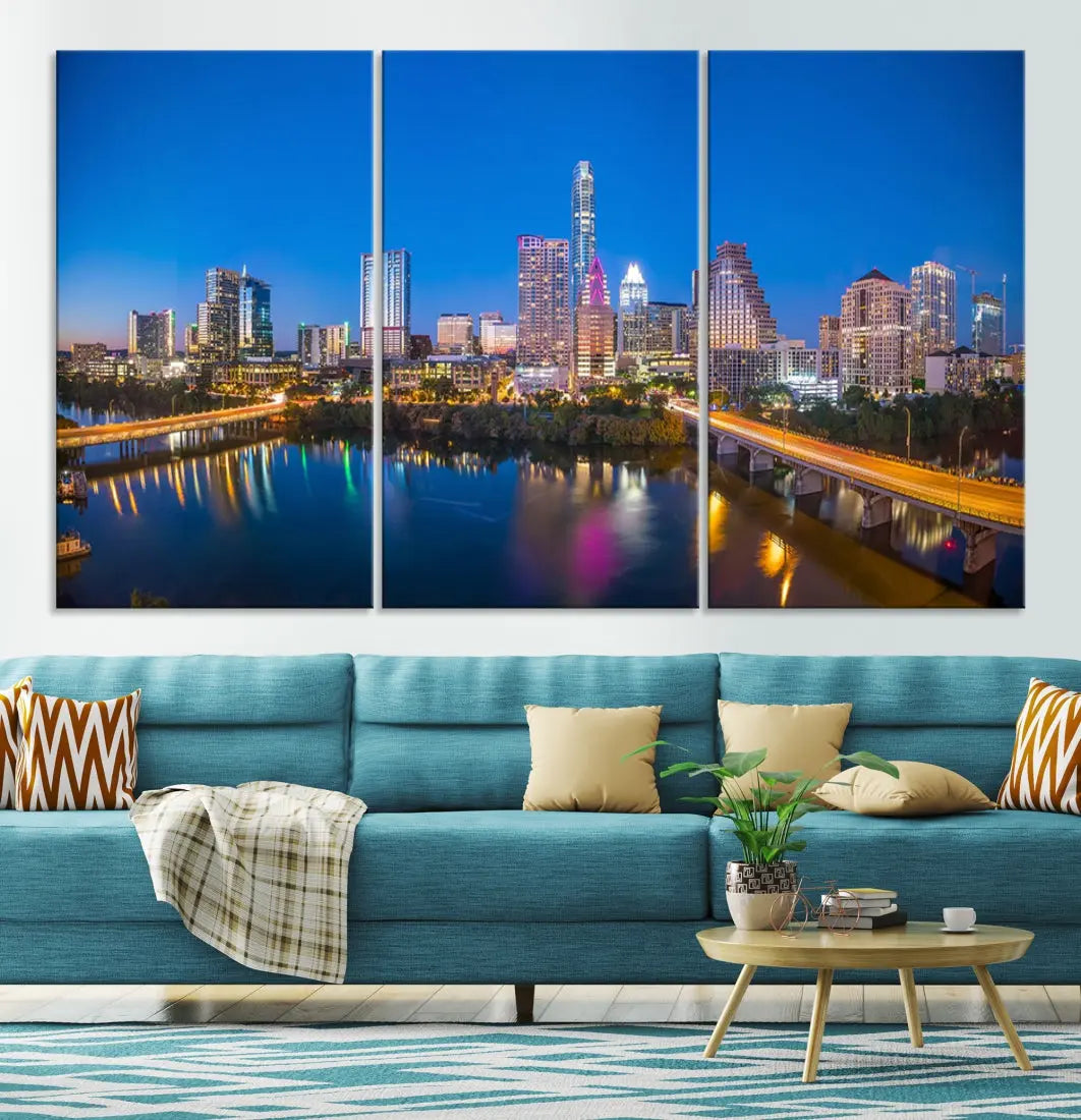 Austin City Night Blue Skyline Extra Large Cityscape Wall Art Canvas Print