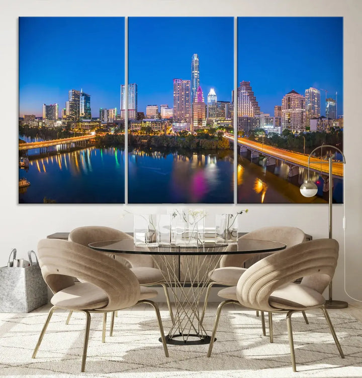 Austin City Night Blue Skyline Extra Large Cityscape Wall Art Canvas Print