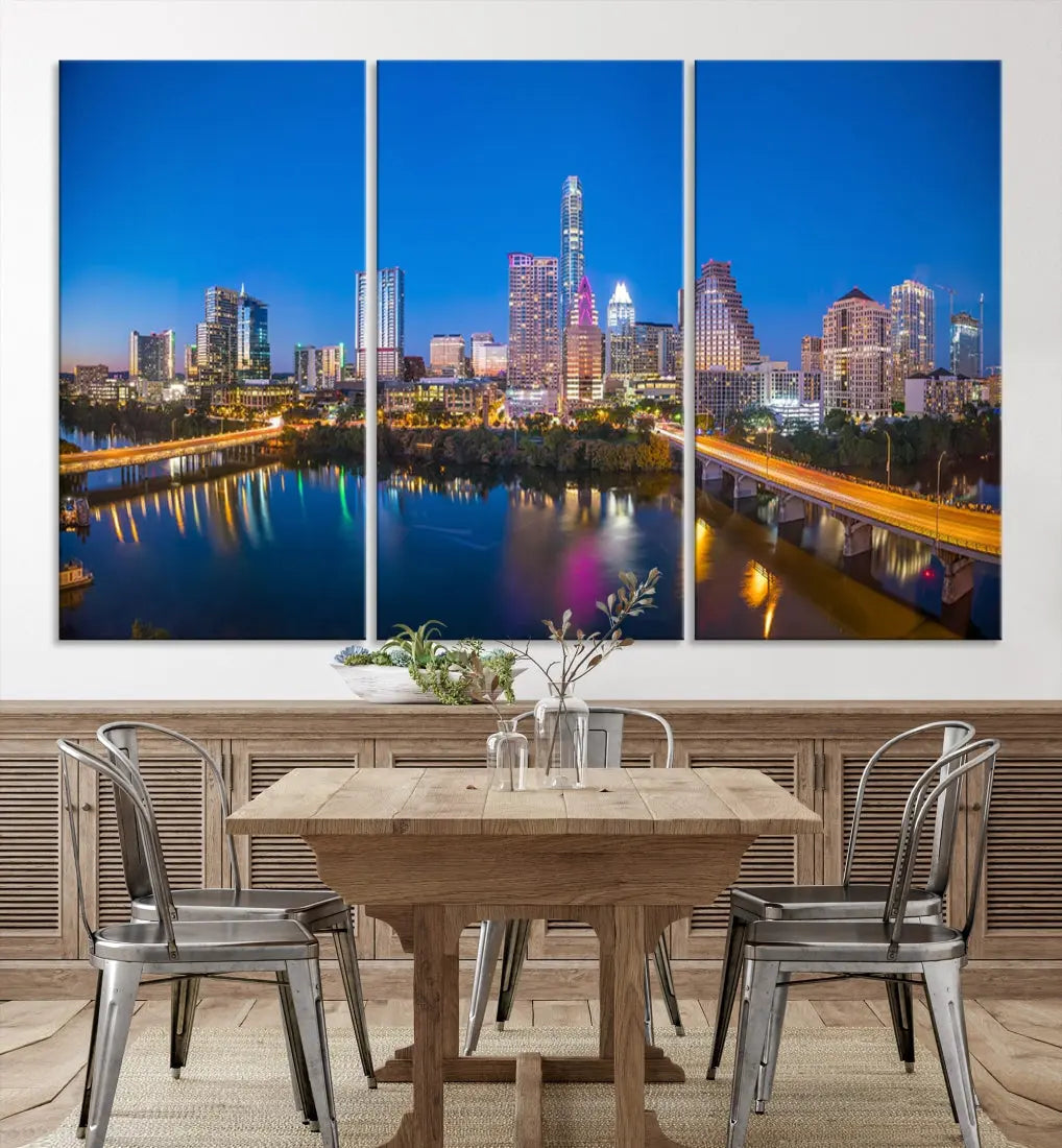 Austin City Night Blue Skyline Extra Large Cityscape Wall Art Canvas Print