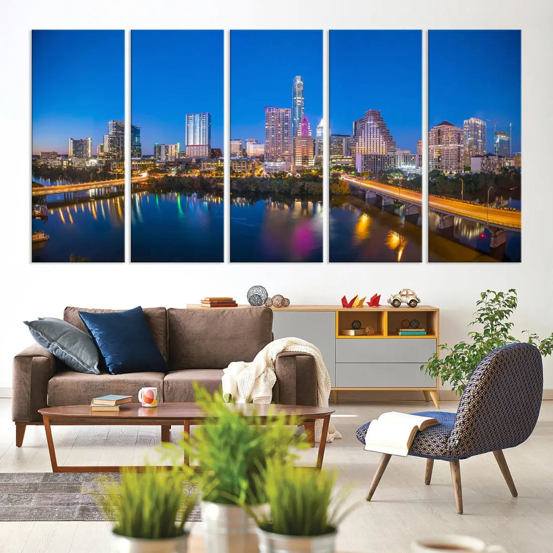 Austin City Night Blue Skyline Extra Large Cityscape Wall Art Canvas Print