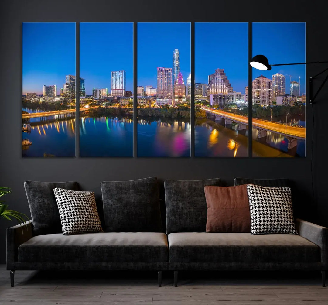 Austin City Night Blue Skyline Extra Large Cityscape Wall Art Canvas Print