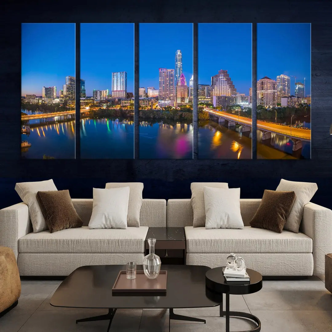 Austin City Night Blue Skyline Extra Large Cityscape Wall Art Canvas Print