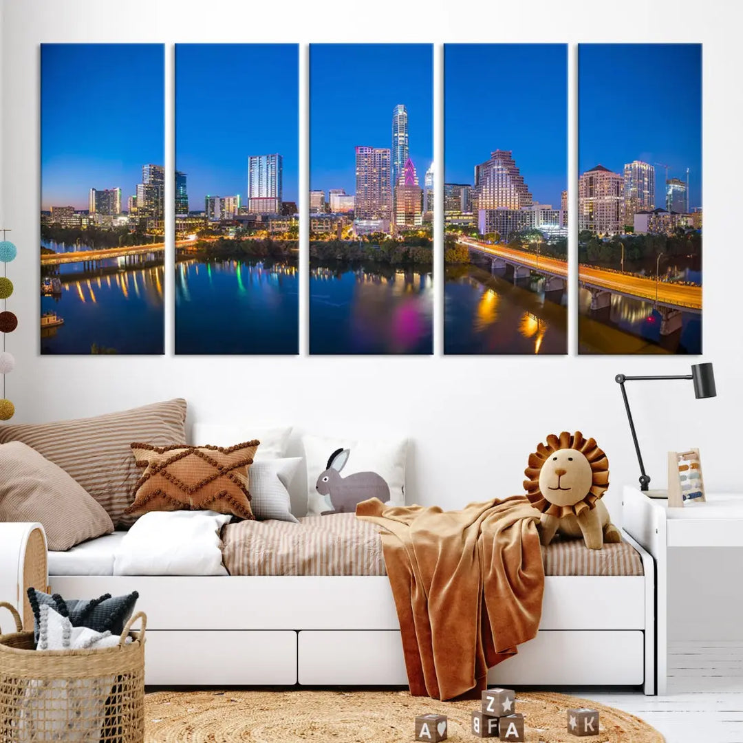 Austin City Night Blue Skyline Extra Large Cityscape Wall Art Canvas Print