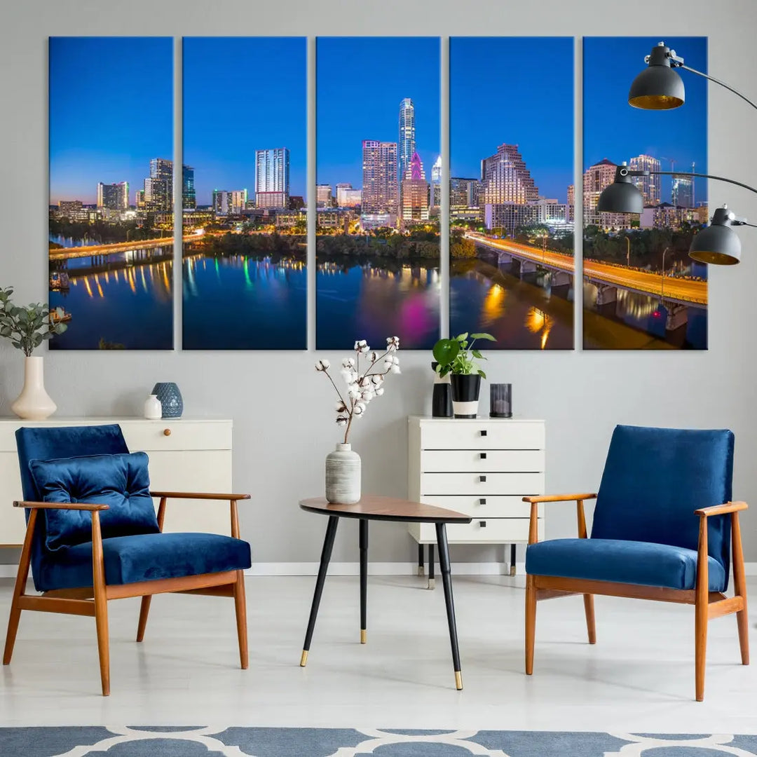 Austin City Night Blue Skyline Extra Large Cityscape Wall Art Canvas Print