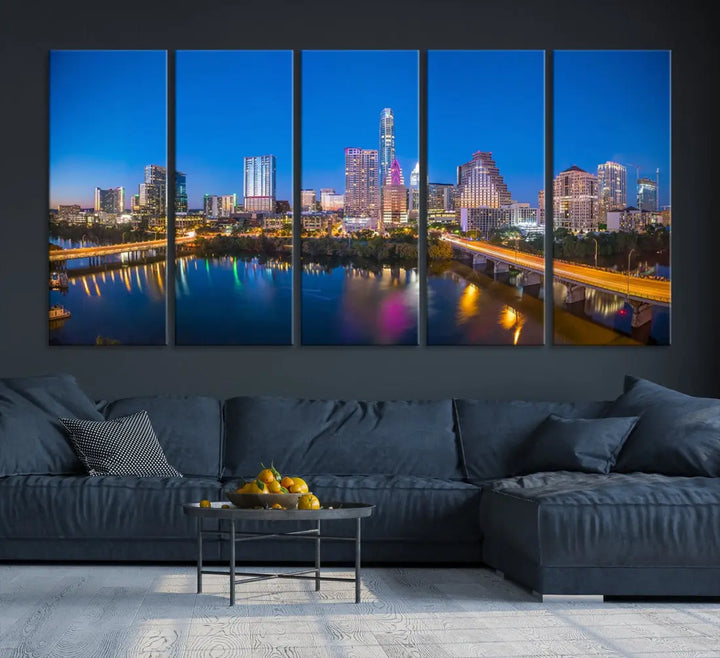 Austin City Night Blue Skyline Extra Large Cityscape Wall Art Canvas Print