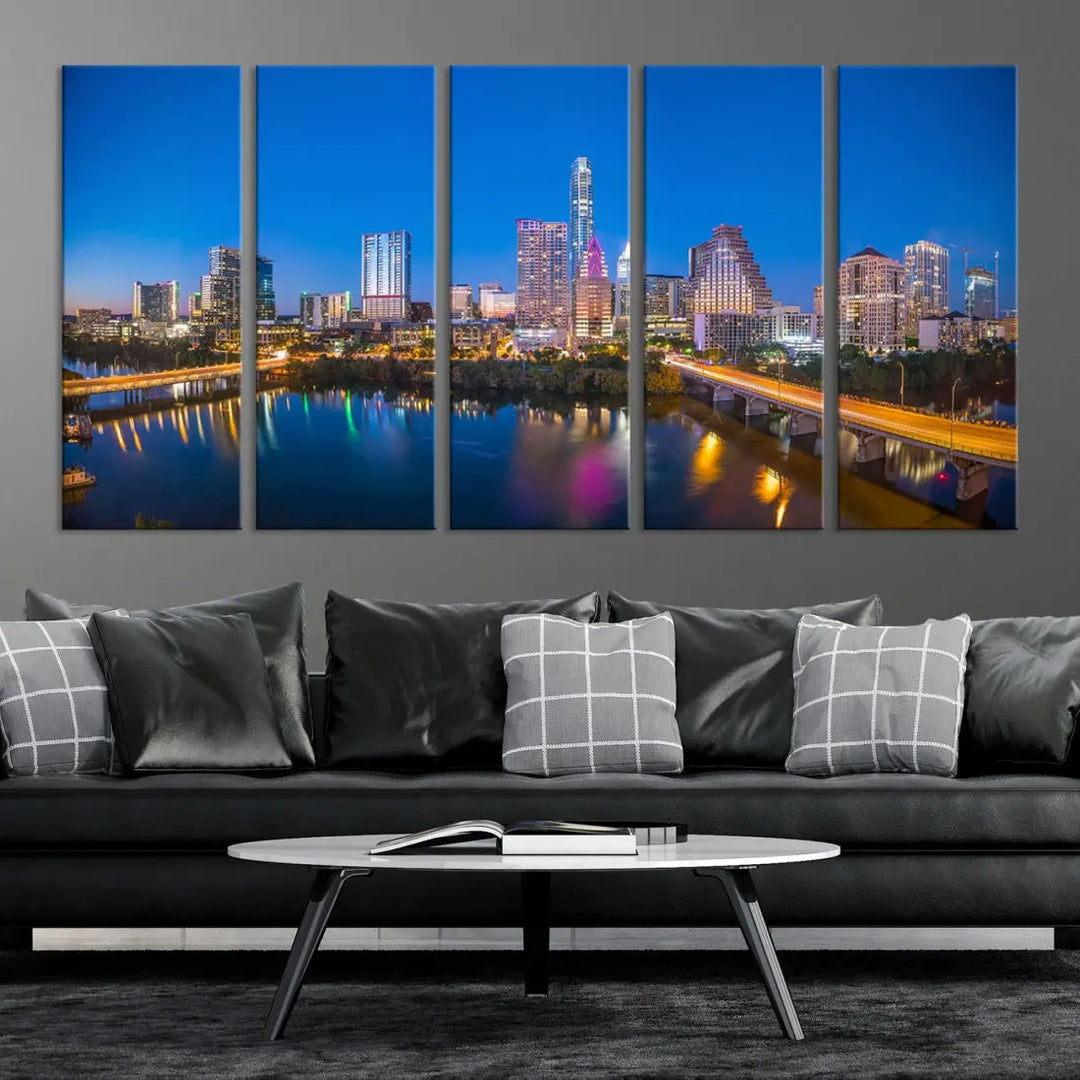 Austin City Night Blue Skyline Extra Large Cityscape Wall Art Canvas Print