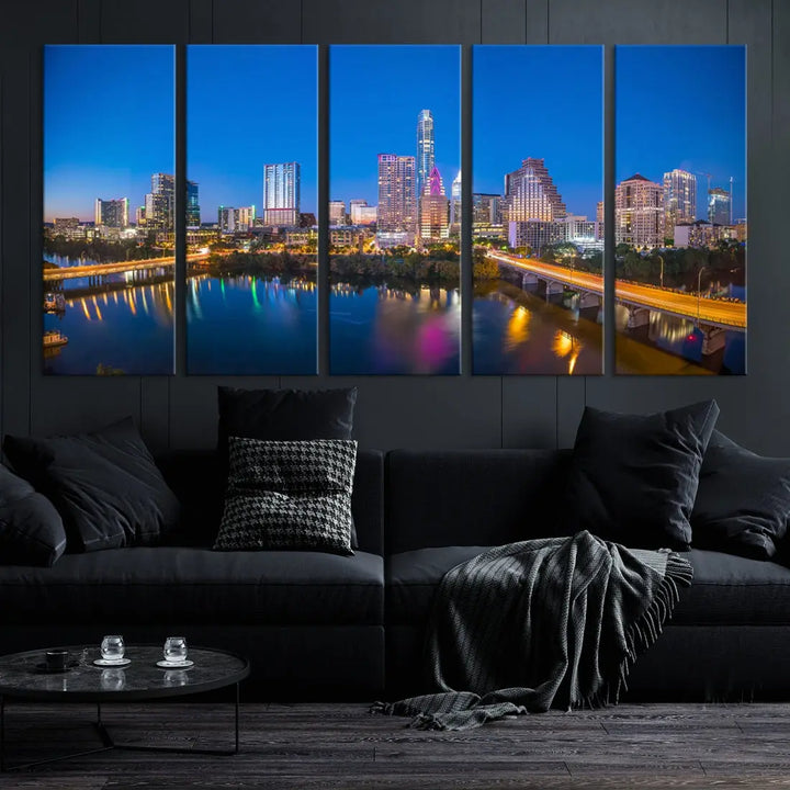 Austin City Night Blue Skyline Extra Large Cityscape Wall Art Canvas Print