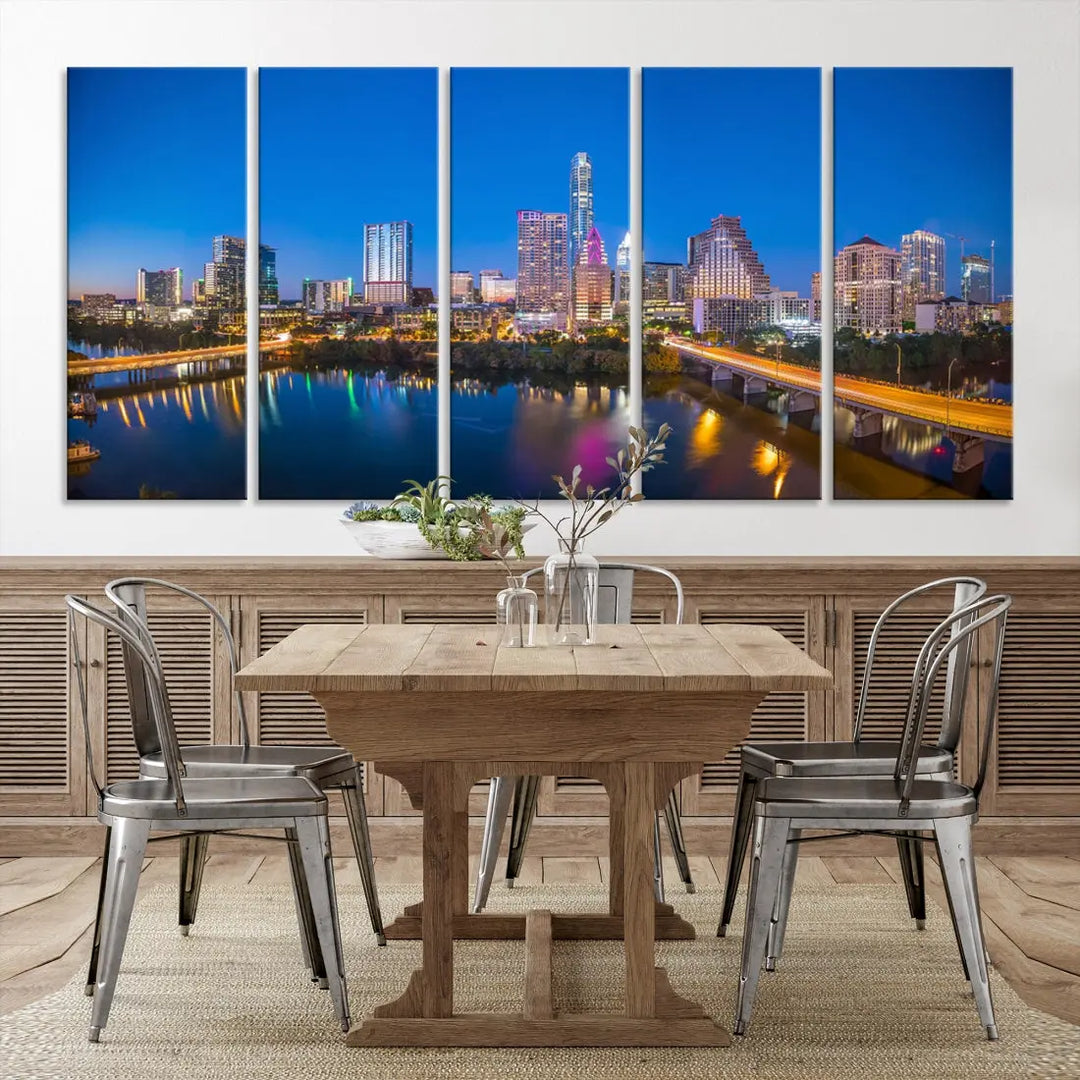 Austin City Night Blue Skyline Extra Large Cityscape Wall Art Canvas Print