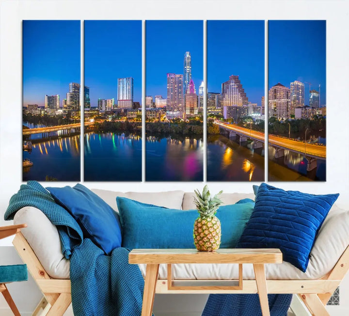 Austin City Night Blue Skyline Extra Large Cityscape Wall Art Canvas Print