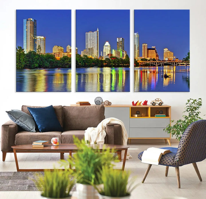 Austin City Night Blue Skyline Wall Art Framed Large Cityscape Canvas Print