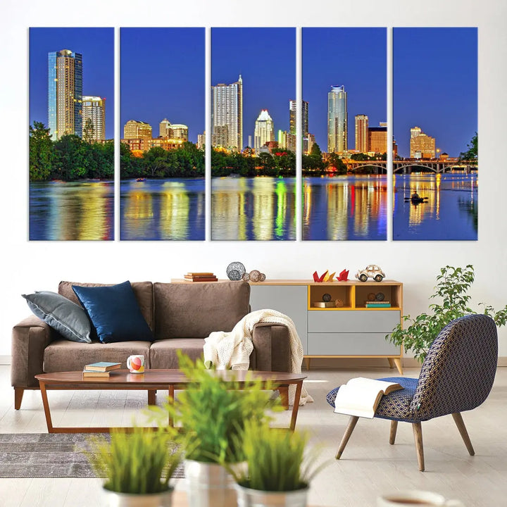 Austin City Night Blue Skyline Wall Art Framed Large Cityscape Canvas Print