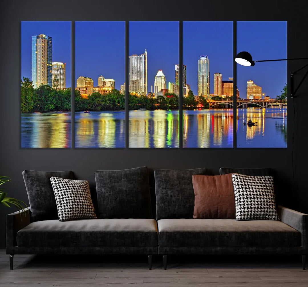 Austin City Night Blue Skyline Wall Art Framed Large Cityscape Canvas Print