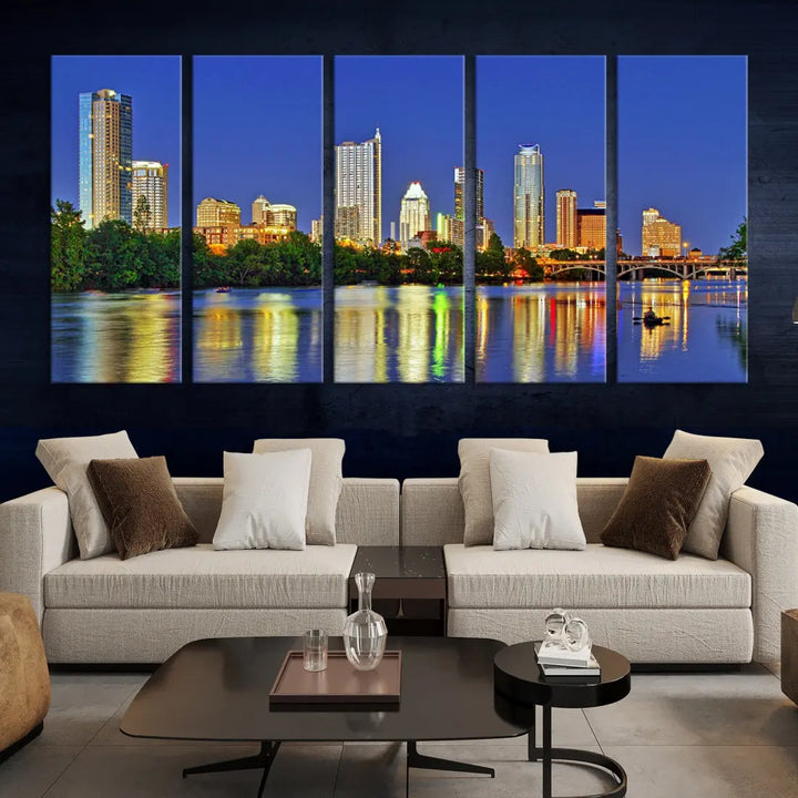 Austin City Night Blue Skyline Wall Art Framed Large Cityscape Canvas Print