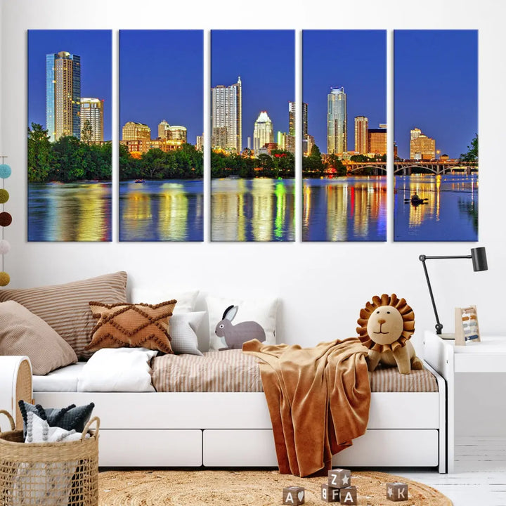 Austin City Night Blue Skyline Wall Art Framed Large Cityscape Canvas Print