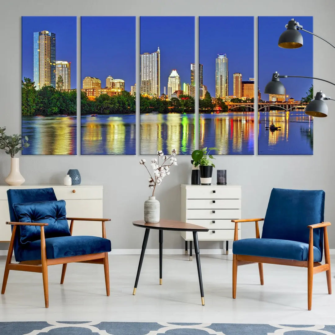 Austin City Night Blue Skyline Wall Art Framed Large Cityscape Canvas Print