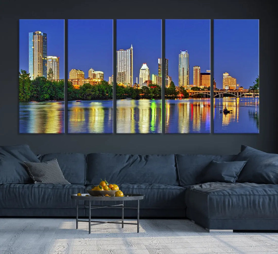 Austin City Night Blue Skyline Wall Art Framed Large Cityscape Canvas Print