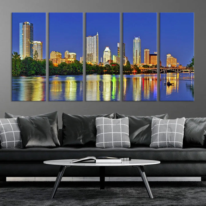 Austin City Night Blue Skyline Wall Art Framed Large Cityscape Canvas Print