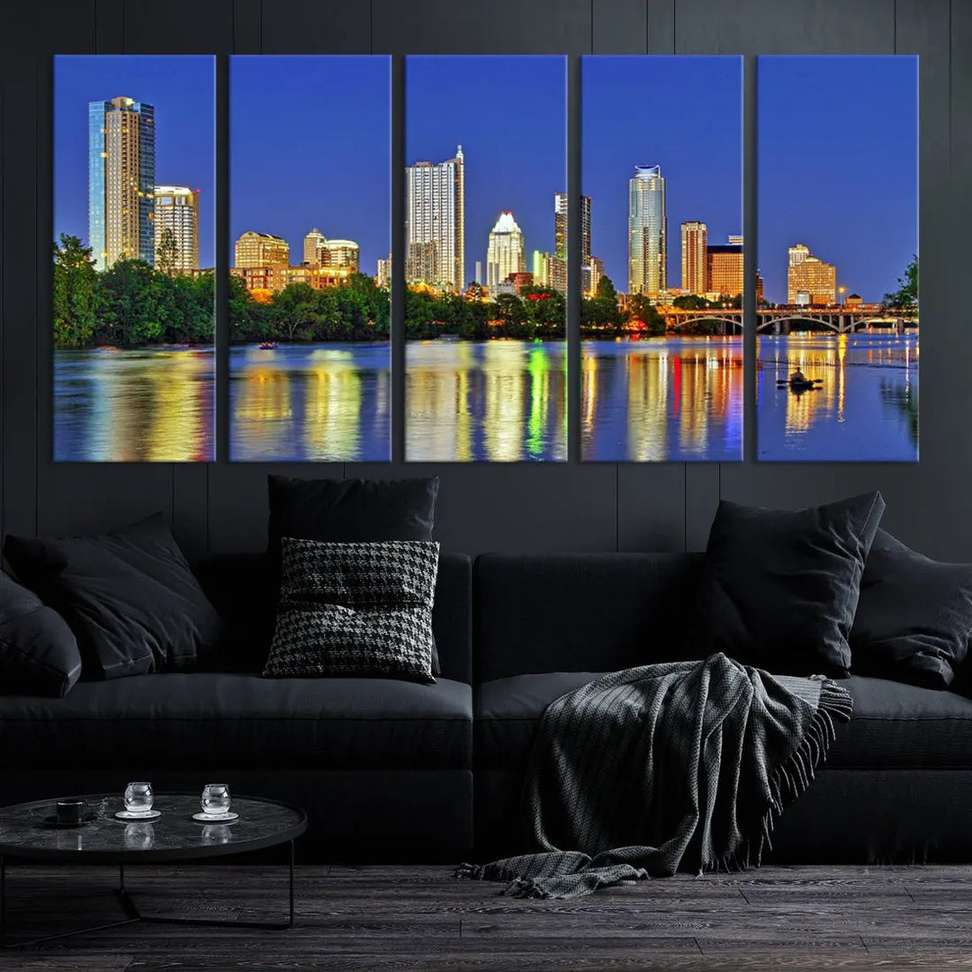 Austin City Night Blue Skyline Wall Art Framed Large Cityscape Canvas Print