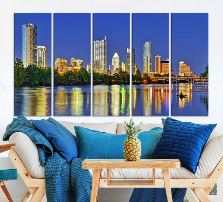 Austin City Night Blue Skyline Wall Art Framed Large Cityscape Canvas Print