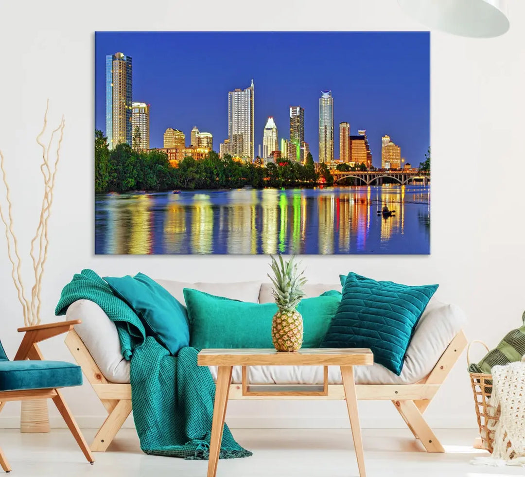 Austin City Night Blue Skyline Wall Art Framed Large Cityscape Canvas Print