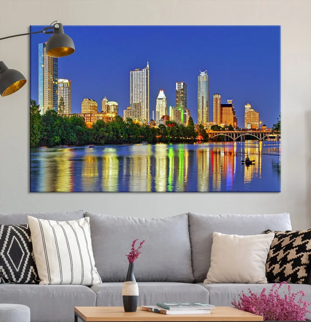 Austin City Night Blue Skyline Wall Art Framed Large Cityscape Canvas Print